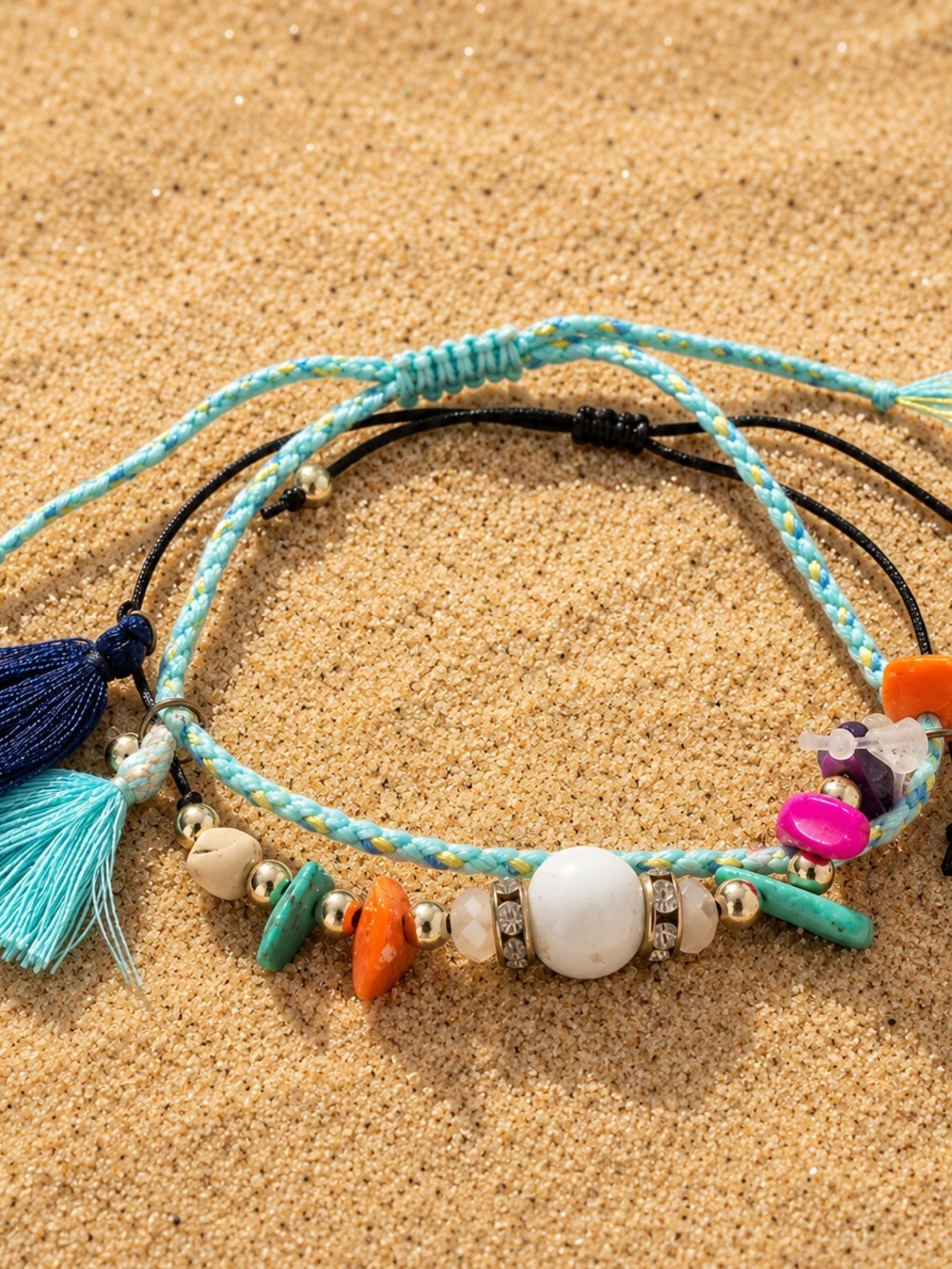 Multicolor Beaded Tassel Bracelet with Turquoise & Orange Accents, nwt